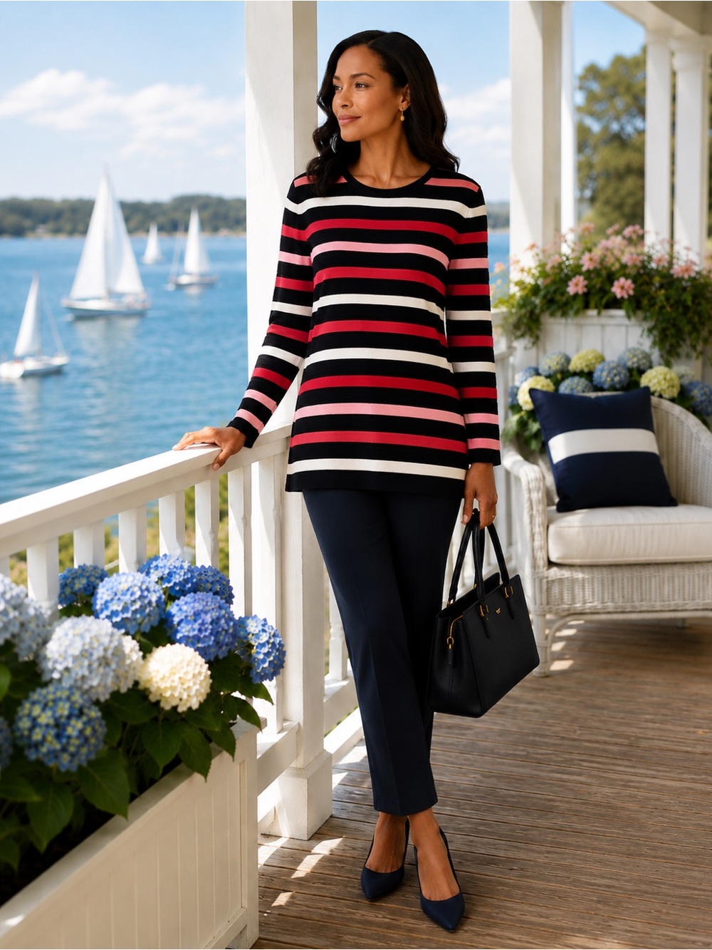 St. John striped Ombre black, pink, and ivory classic Crew Neck Sweater – Size S